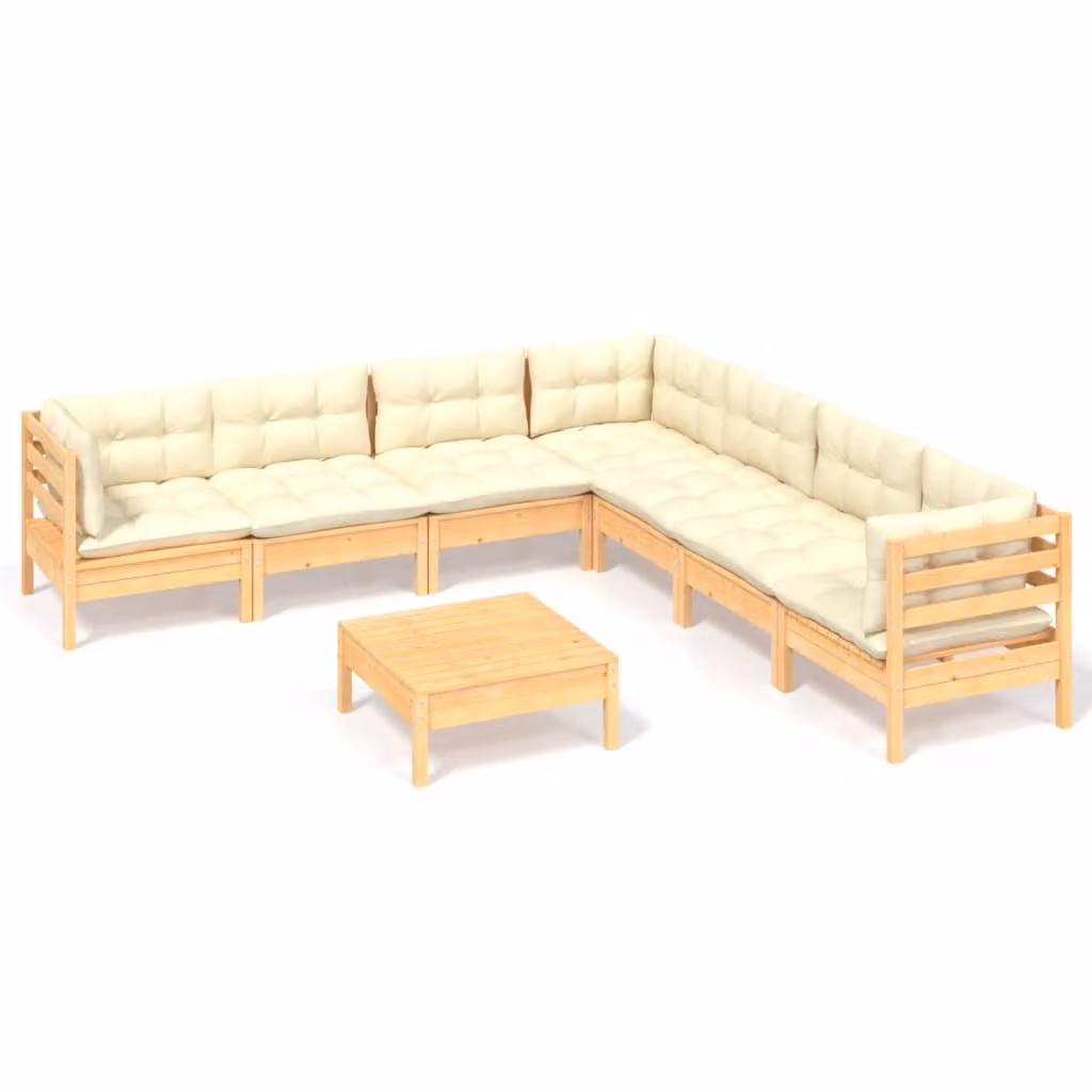 Set Divani da Giardino 8 pz con Cuscini Crema in Massello di Pino