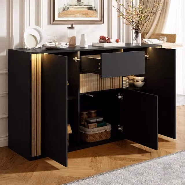 Consolle con 3 ante e 1 cassetto con LED ¨C Minimal ¨C nero effetto legno 140x40x82cm