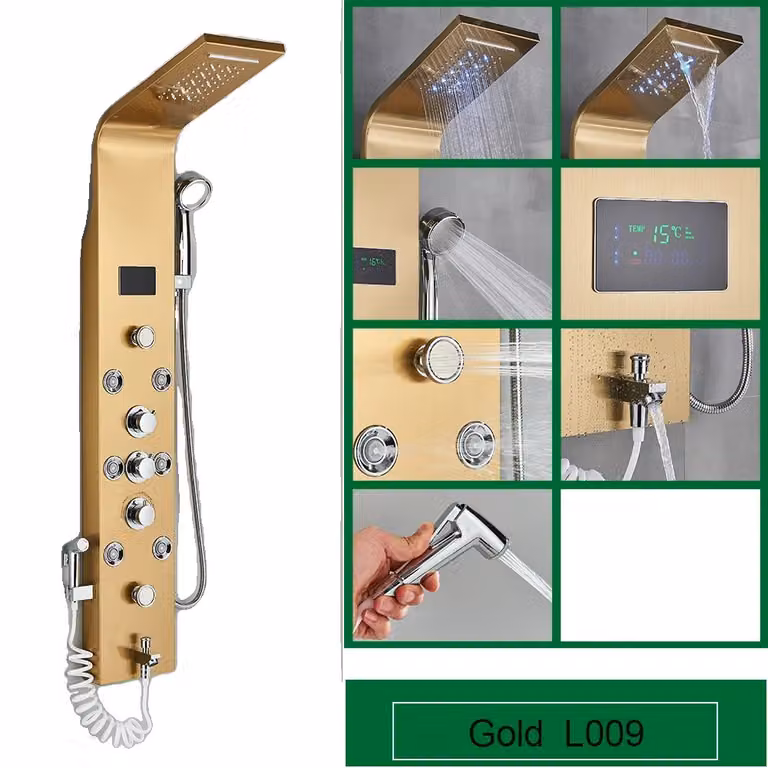 Pannello doccia per bagno, display a LED della temperatura, getti massaggianti SPA, Oro 8009
