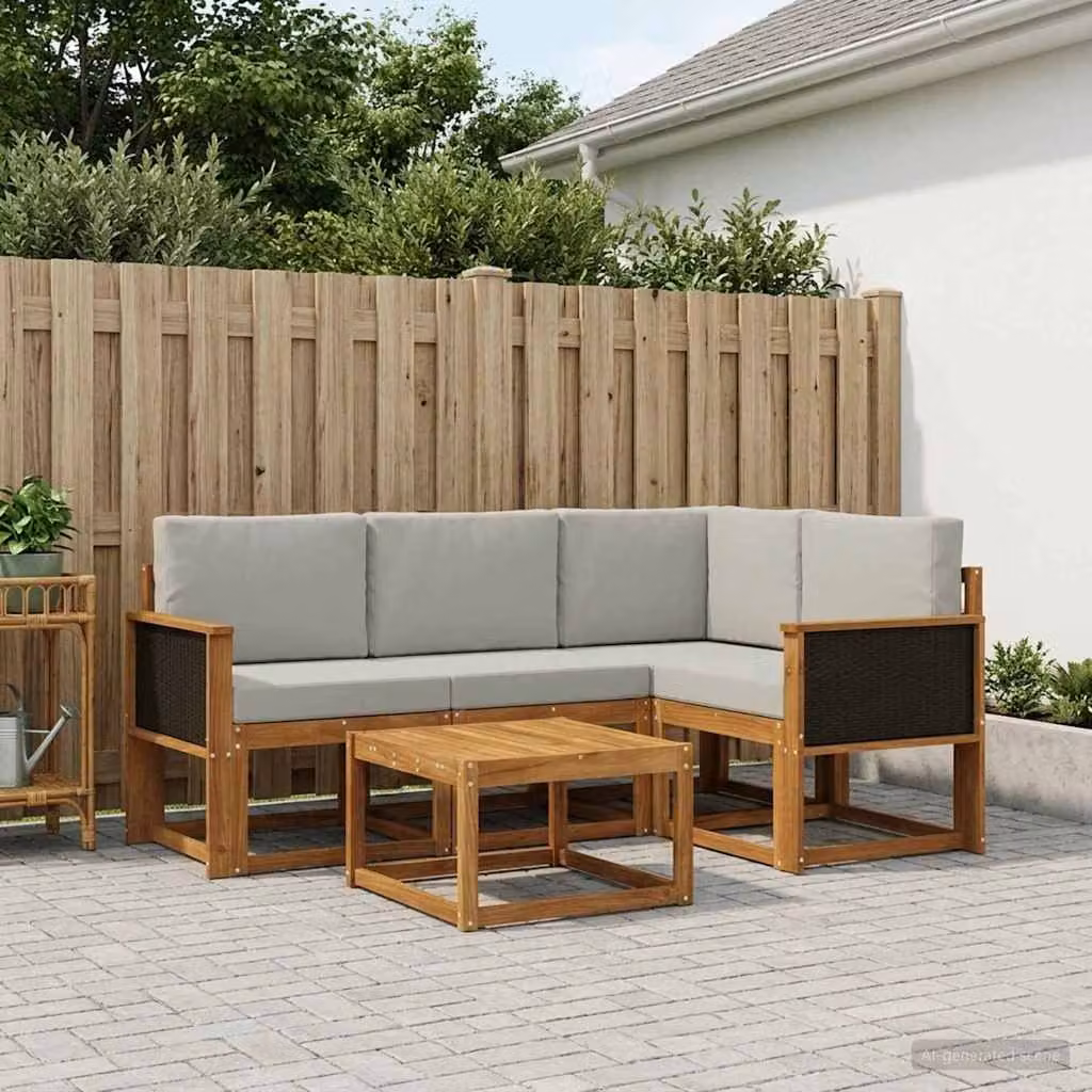 Set di divani da esterno vidaXL a forma di L in legno di acacia con tavolo da caffè e cuscini, Beige e Grigio