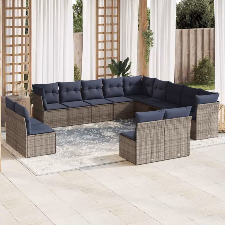 Set di divani da giardino vidaXL a forma di U composto da 13 pezzi con cuscini blu e grigi in rattan e struttura in metallo