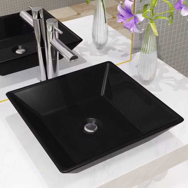 The Living Store Lavabo quadrato in Vetroceramica nero 41,5 x 41,5 x 12 cm