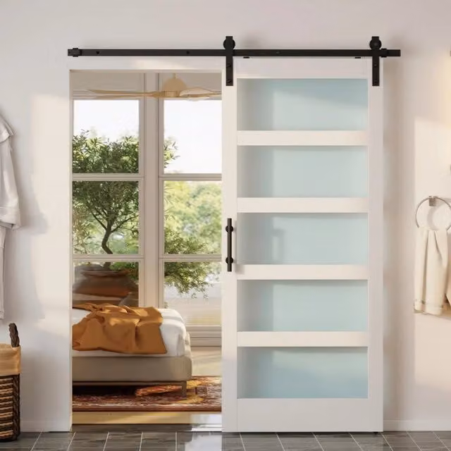 Porta Scorrevole in Vetro Satinato con Binario e Kit Ferramenta, in Legno, 91.2x3.5x213.4 cm, Multicolore