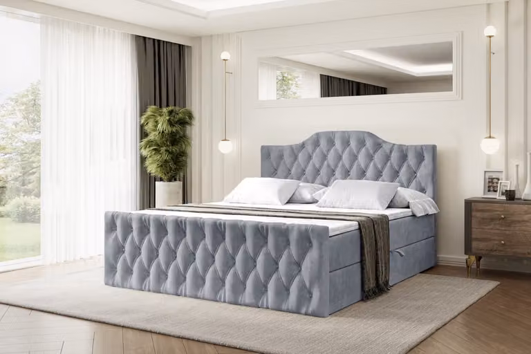 Letto boxspring ALTDECOR con pediera, materasso H3 e topper - 160x200 cm - VILA-1-Z - Grigio velluto - Letto imbottito con contenitore e rete a doghe, letto con spazio contenitivo