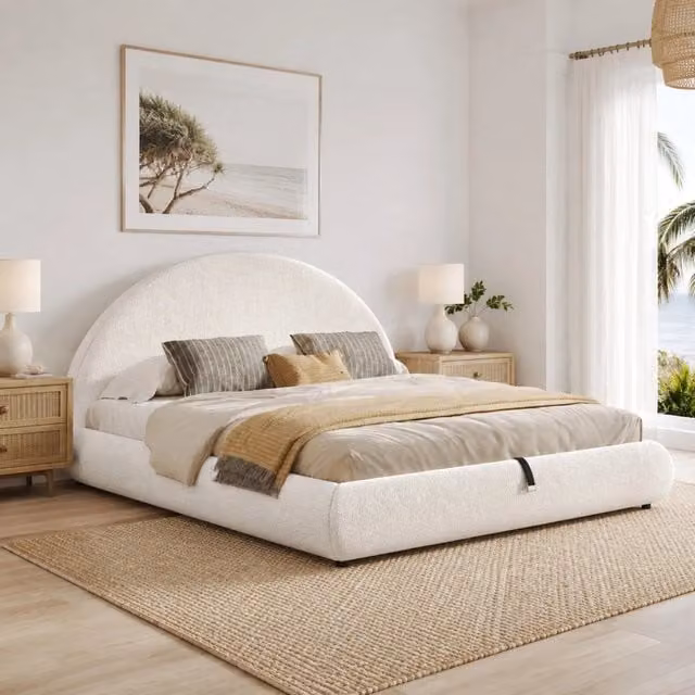 Letto contenitore Mivray con sollevamento idraulico, testiera imbottita in bouclé bianco e rete a doghe, L/P: 180 x 200 cm
