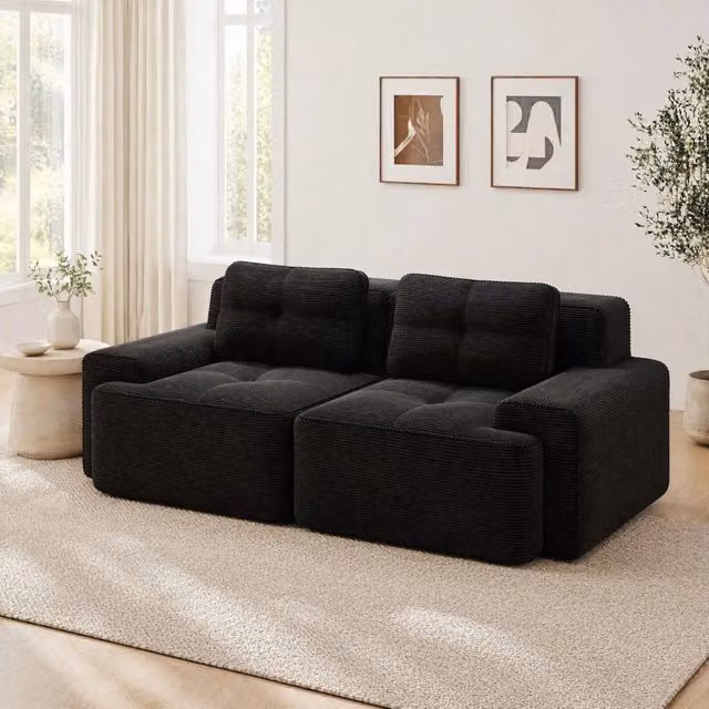 Divano modulare boneless in velluto a coste; seduta profonda 74 cm; nero