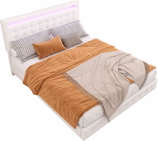 Letto Matrimoniale Moderno con LED Sotto il Letto e Testiera Regolabile in Ecopelle Bianca, L/P/H: 140 x 200 x 220 cm