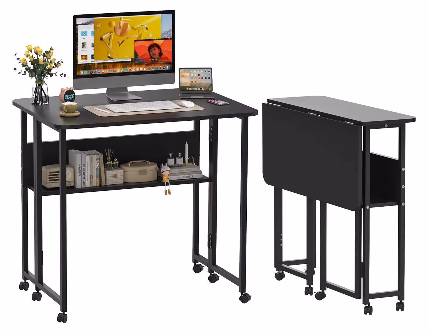 Scrivania pieghevole - Scrivania per computer con rotelle - Piccolo tavolino per laptop - Tavolino aggiuntivo per l'ufficio domestico - Con ripiano e spazio contenitivo - Piano in legno rettangolare - Colore nero