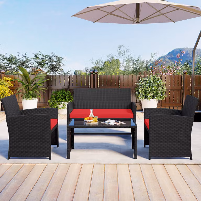 Set da salotto da esterno Costway in rattan 4 pezzi con divanetto, poltrone e tavolino in vetro temperato, colore rosso e nero