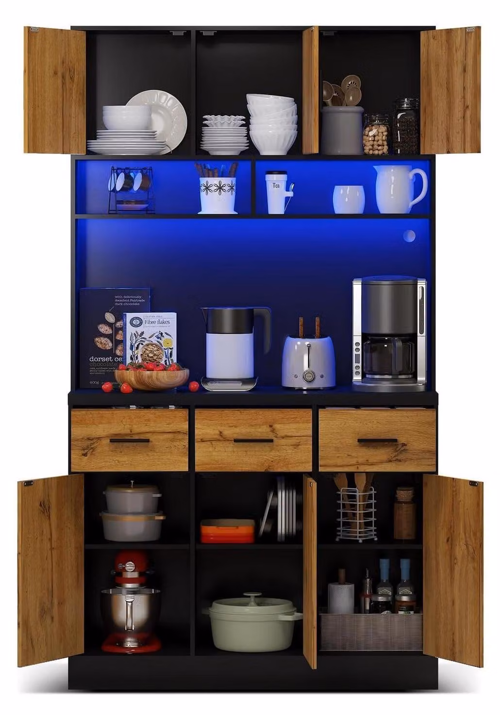 Mobile buffet multifunzionale con illuminazione a LED e prese di corrente, colore naturale e nero, 180 cm