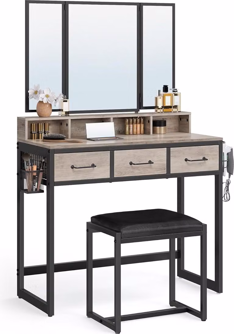 VASAGLE tavolo da toilette con specchio pieghevole a 3 pezzi, porta asciugacapelli, tavolo cosmetico con sgabello imbottito, 3 cassetti, design industriale