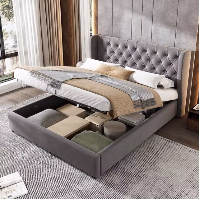 Letto matrimoniale imbottito WISHDOR in velluto grigio con contenitore e base a sollevamento, L/P/H: 146 x 200 x 30 cm