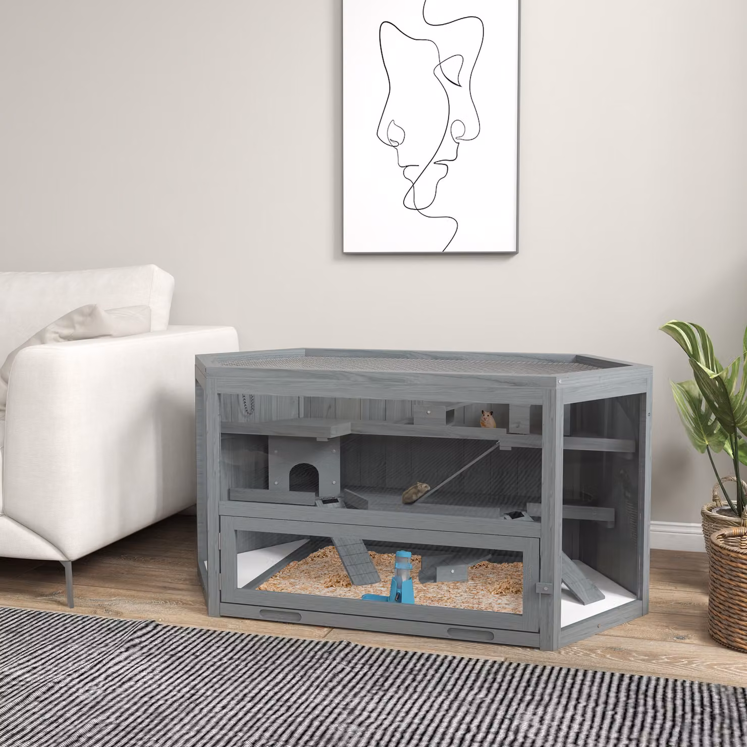 Gabbia per criceti PawHut a 3 piani in legno e metallo grigio, L: 115 cm, P: 60 cm, H: 55 cm – 2