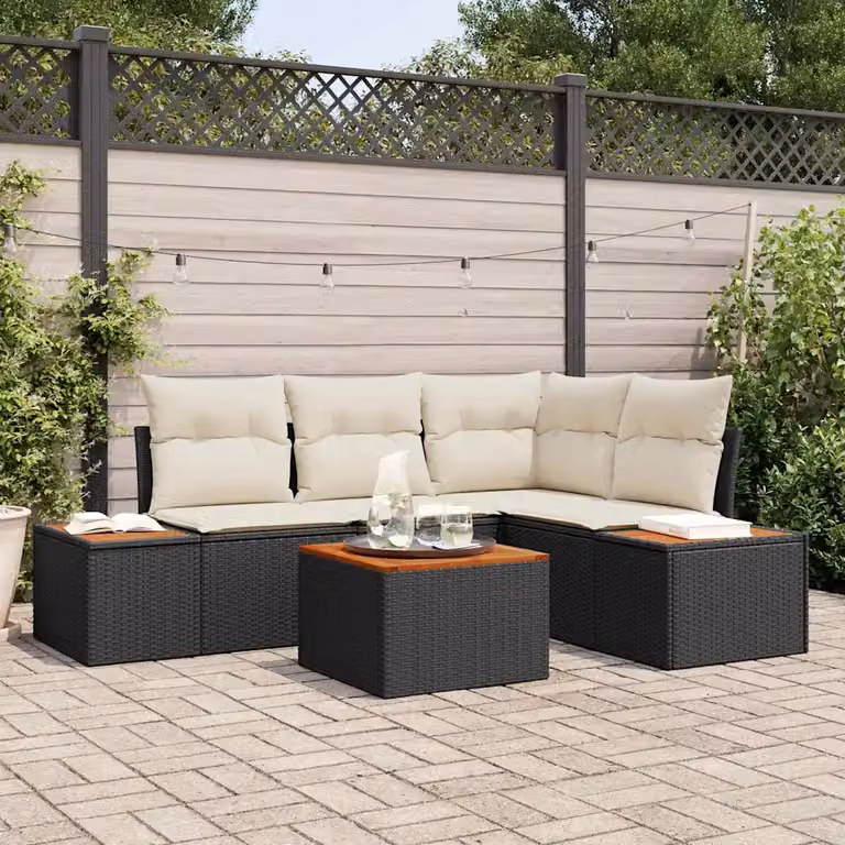 Set Divano da Giardino vidaXL a L con Tavolino e Pouf in Rattan Nero e Acciaio con Cuscini Imbottiti e Rivestimenti Rimovibili