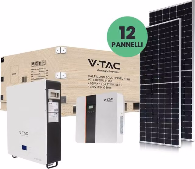 Kit fotovoltaico V-TAC da 5kW con batteria di accumulo LiFePO4 da 5kWh, inverter monofase ibrido, 12 pannelli solari monocristallini da 410W e accessori, colore bianco