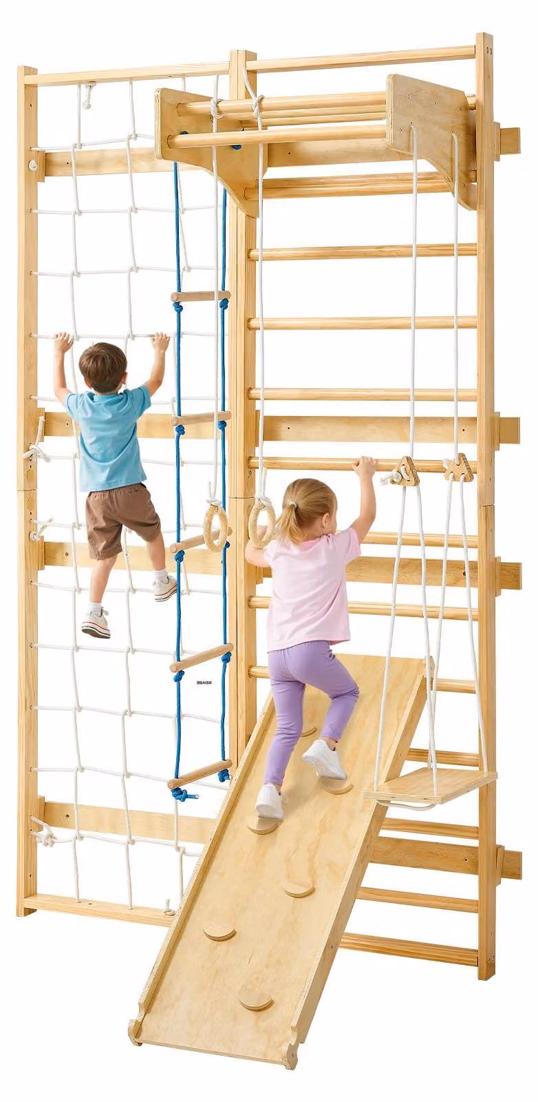 Pannello di arrampicata svedese per bambini - Struttura da interno multifunzione 8-in-1 - 12 scalini - Legno massello - Portata massima 100 kg - Include scivolo, altalena, anelli da ginnastica, pannello da arrampicata e barra per trazioni
