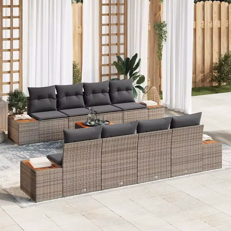 Set Divano da Giardino vidaXL 9 Pezzi in Polyrattan Grigio con Cuscini e Tavolino da Caffè
