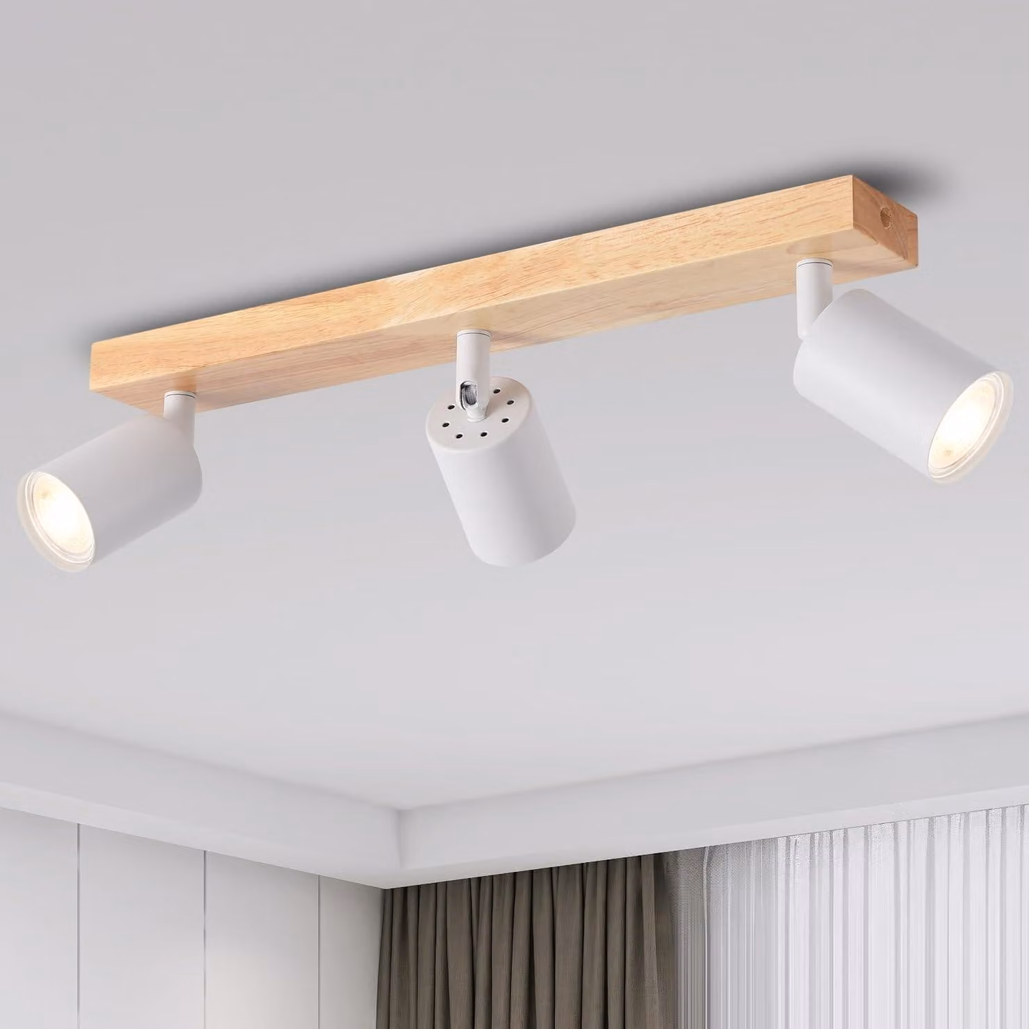 ANWIO Lampada da soffitto a LED, bianca, in legno, con 3 luci, lampada da soffitto GU10, plafoniera a LED nera, lampada da parete vintage per soggiorno, camera da letto, cucina, cameretta, senza lampadine (EUS-EA)