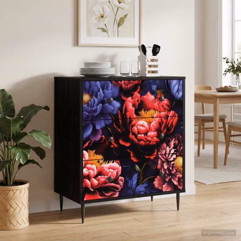 Cassettiera vidaXL KIEL con stampa floreale di peonia scura, L: 66 cm, P: 36,5 cm, H: 76 cm