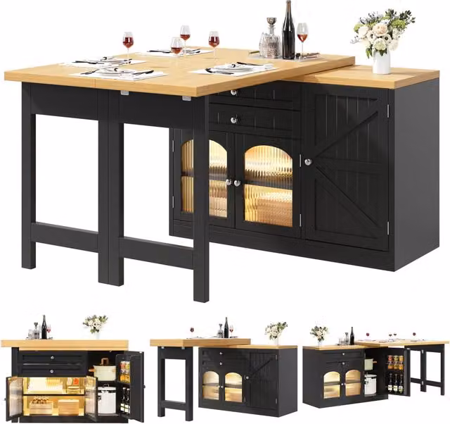Tavolo da pranzo allungabile con contenitore interno; 118-158 x 118 x 76 cm; MDF e metallo; marrone naturale