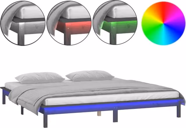Letto matrimoniale in legno massello di pino grigio con illuminazione LED sottostante e porta USB L/P: 140 x 190 cm – 1