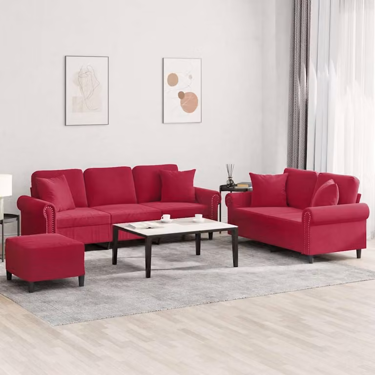 Set di divani vidaXL 3 pezzi in velluto rosso con pouf e cuscini per soggiorno moderno
