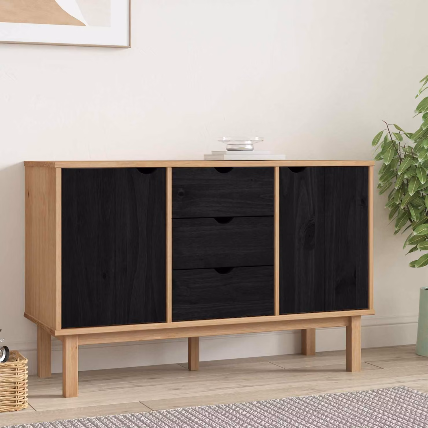 Credenza OTTA vidaXL in legno massello di pino nero L: 113,5 cm, P: 43 cm, H: 73 cm