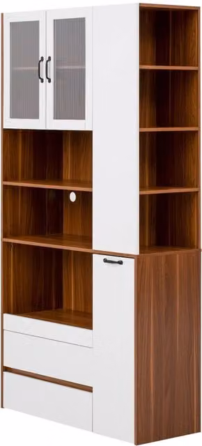 Highboard in MDF bianco e noce con ripiani regolabili, cassetti e vetro rigato, 100x40x200 cm, ideale per soggiorno, cucina e sala da pranzo