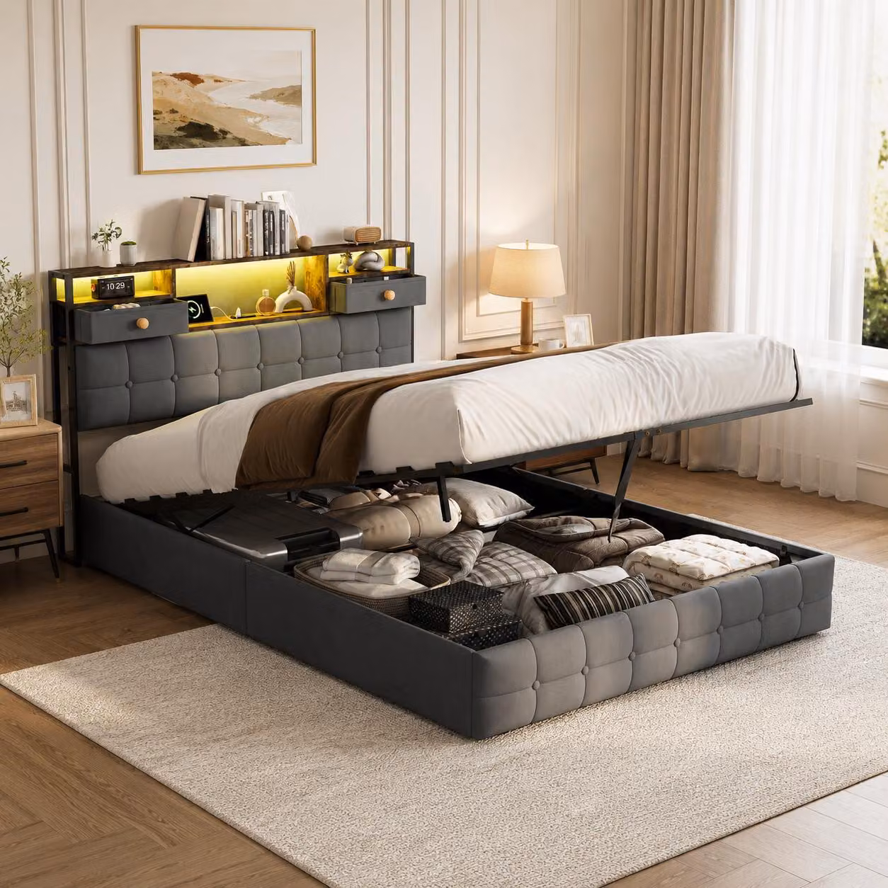 Letto imbottito INONEFT 140x200 con LED e USB, letto a molle con testiera dotata di 2 cassetti e scaffali aperti, letto per ragazzi con contenitore a sollevamento idraulico, colore grigio