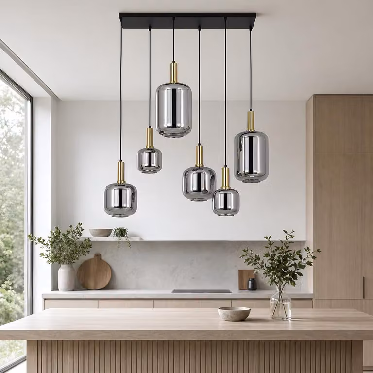 ZMH Lampada a sospensione vintage 6 luci vetro fumé E27 96,6cm regolabile in altezza per soggiorno sala da pranzo cucina isola cucina