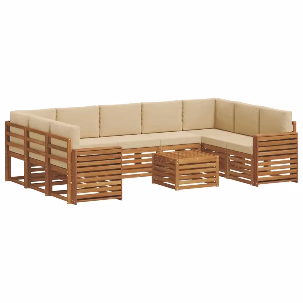 Set di divani da esterno a forma di U con tavolino da caffè vidaXL, struttura in legno di acacia e cuscini beige – 2