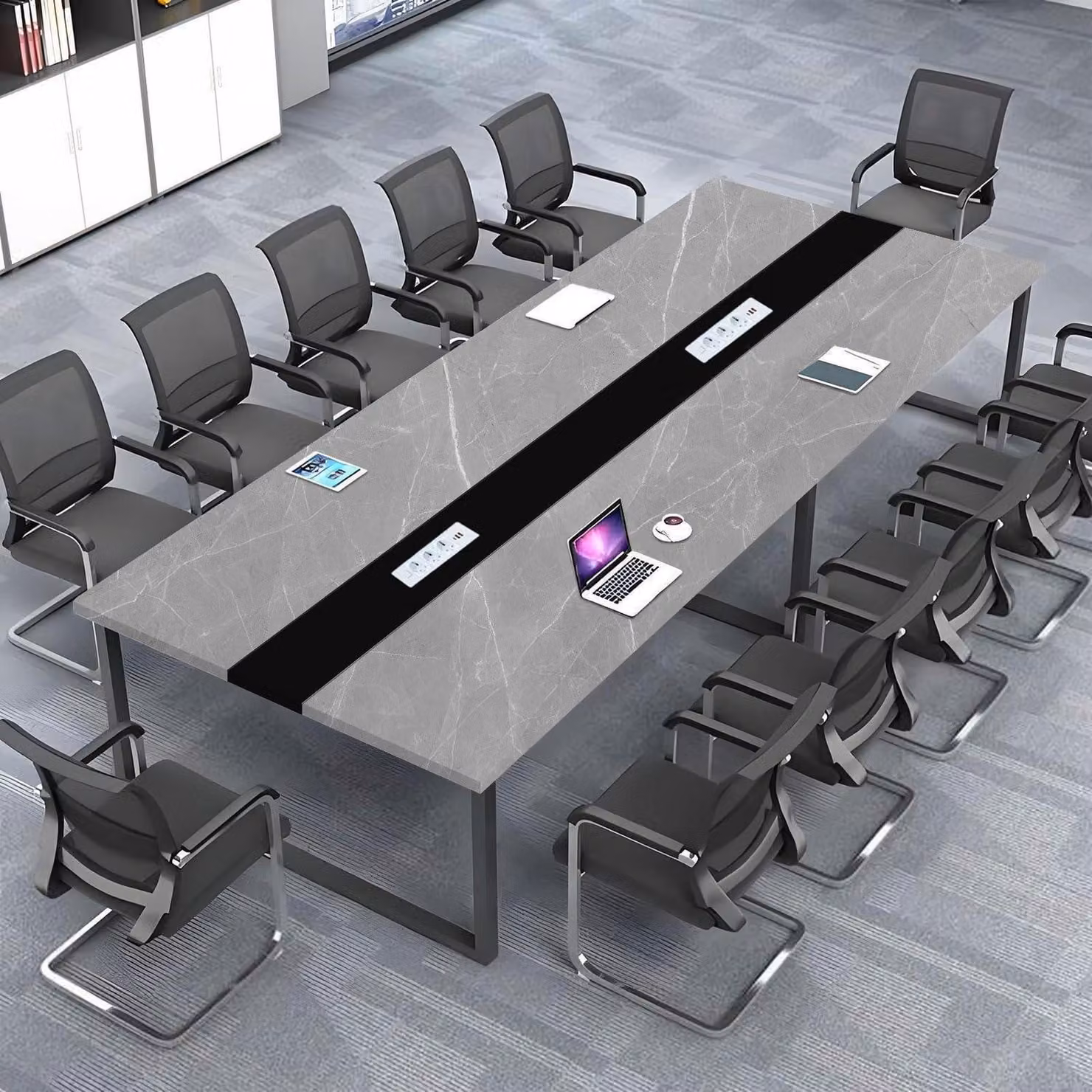 Tavolo da conferenza con sistema di gestione dei cavi, dimensioni 360x120x74 cm, design moderno, ideale per l'ufficio