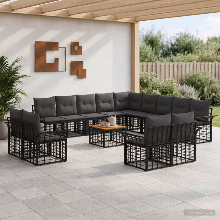 Set di divani da esterno vidaXL a forma di U composto da 14 pezzi con tavolino da caffè, colore nero e grigio, struttura in acciaio verniciato a polvere e cuscini in schiuma con rivestimenti rimovibili