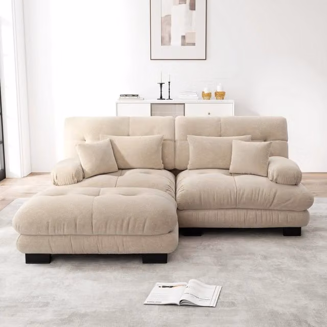 Divano Angolare con Ottoman ¨C MINIMAL ¨C Chenille, Braccioli Larghi, Tortora Chiaro
