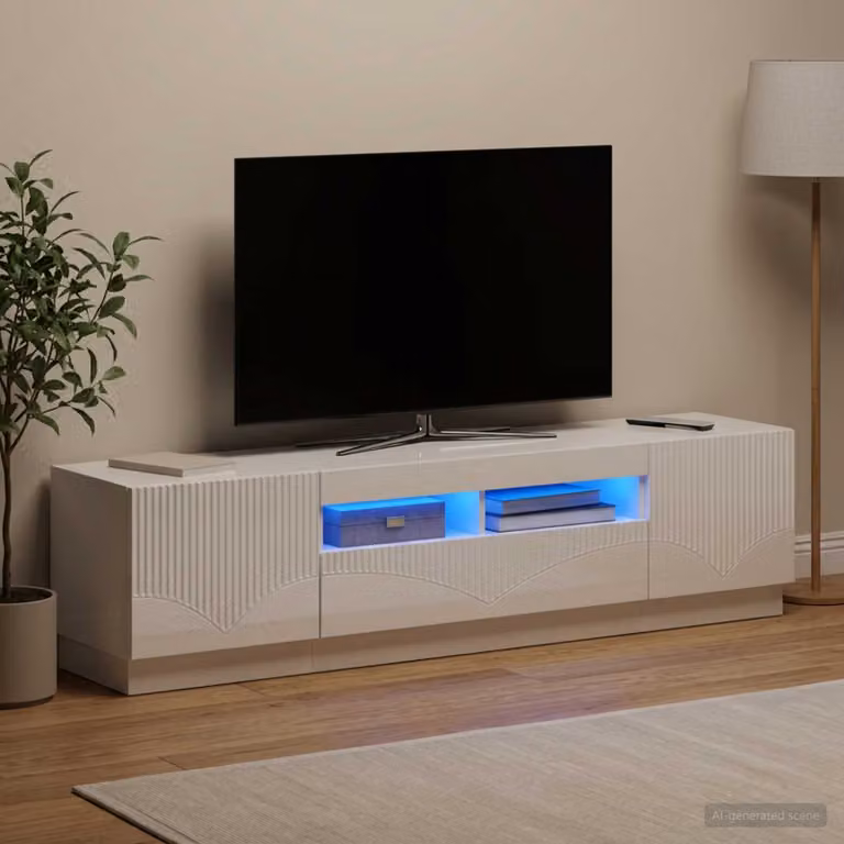 Mobile TV LED vidaXL HOORN Bianco Lucido in Legno MDF con Illuminazione Integrata e Compartimenti Media