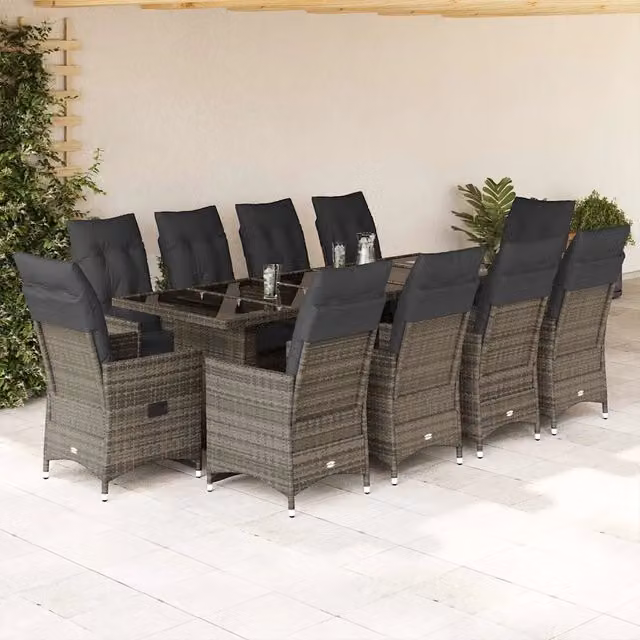 Set Bistrò da Giardino vidaXL in Polyrattan e Metallo con Piano in Vetro Grigio, 11 Pezzi