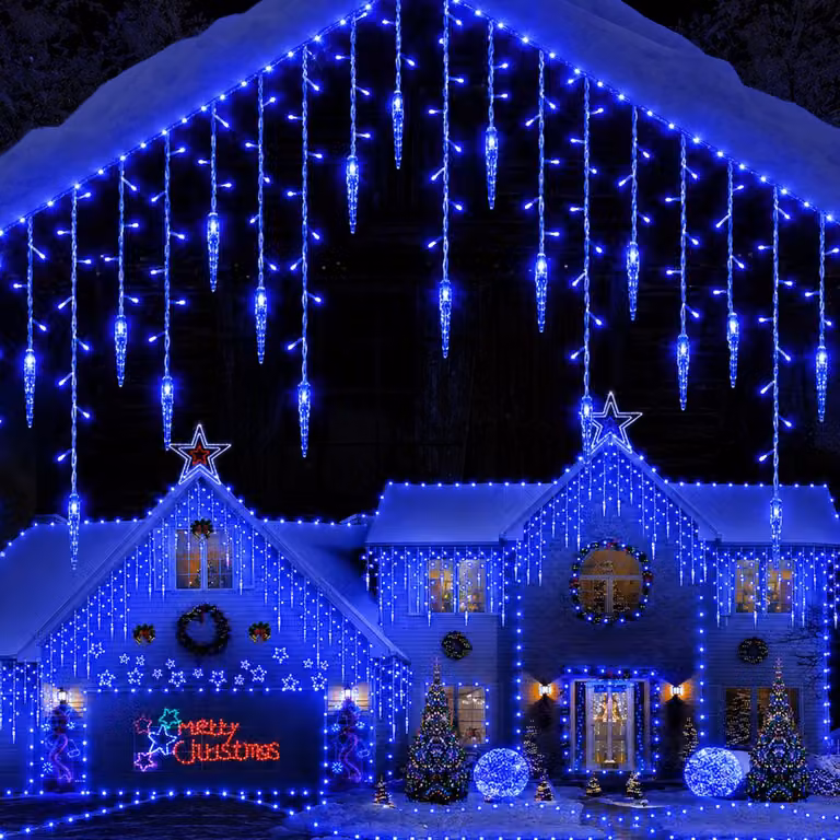 Catena luminosa a LED a forma di stalattiti, effetto pioggia di neve, tenda luminosa, decorazione natalizia per esterni, 8 modalità, adatta per balconi, finestre e decorazioni natalizie, colore blu