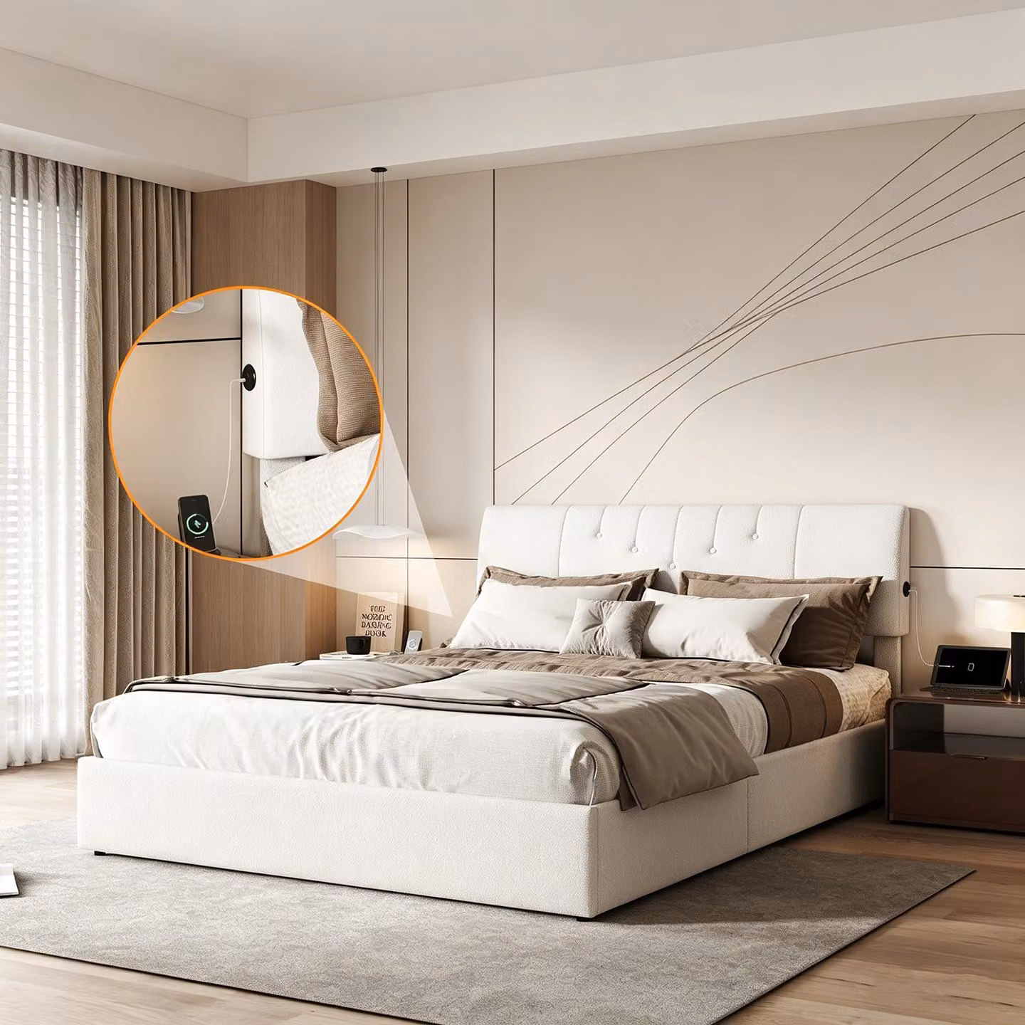 Letto imbottito INONEFT 140x190 con spazio contenitore, letto a molle con presa USB e poggiatesta regolabile, letto con sistema di sollevamento idraulico e spazio contenitore, rivestito in tessuto tipo "teddy" bianco.