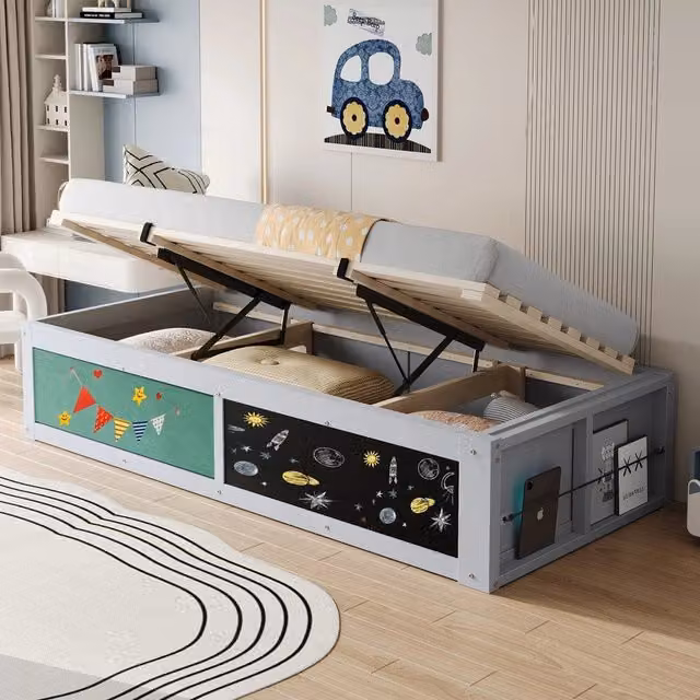 Letto Singolo Minimal con Contenitore e Scrivania in Legno, Grigio, 90x200 cm