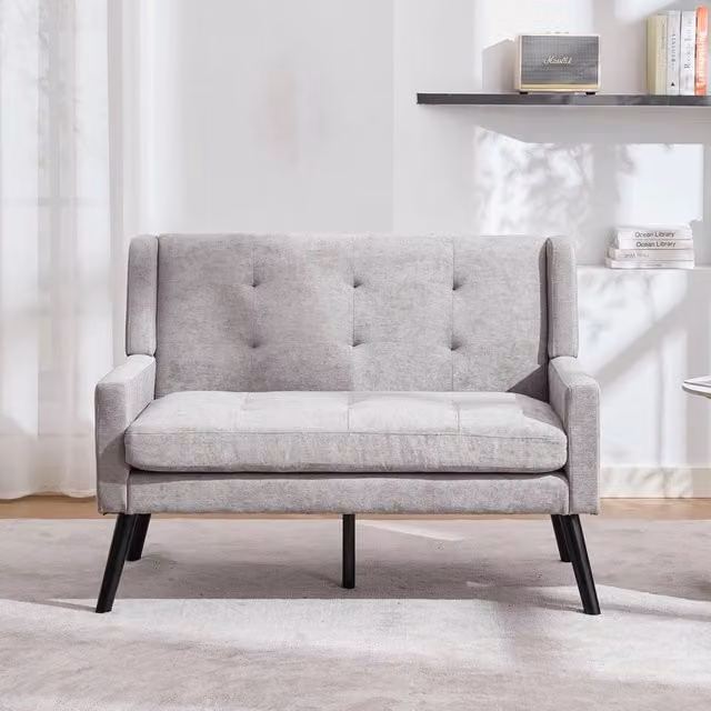 Panca imbottita WISHDOR a 2 posti in lino grigio con gambe in legno massiccio
