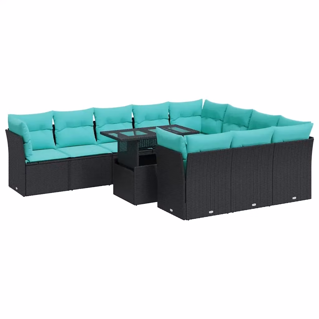 Set di divani da giardino vidaXL in polyrattan color nero e blu con cuscini e tavolino da esterno a forma di U – 2