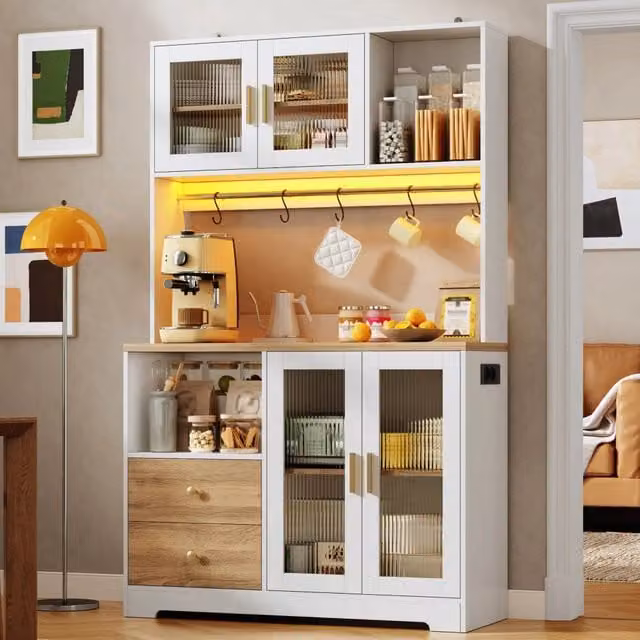Mobile colonna da cucina con 4 ante in vetro LED RGB prese USB e ripiani regolabili bianco e naturale 110 × 40 × 178 cm