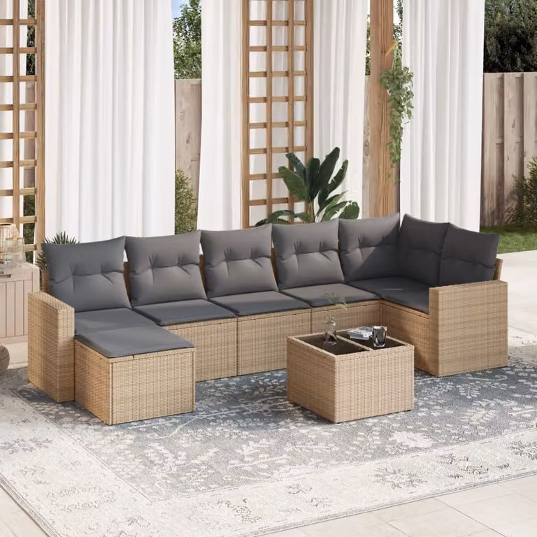 Set Divano da Giardino vidaXL 8 pz a Forma a L con Cuscini Beige e Tavolino in Polyrattan e Acciaio