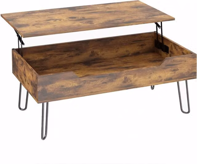 Tavolino Rettangolare in MDF e Acciaio con Piano Regolabile in Altezza e Ampio Scomparto Nascosto, Colore Marrone Rustico