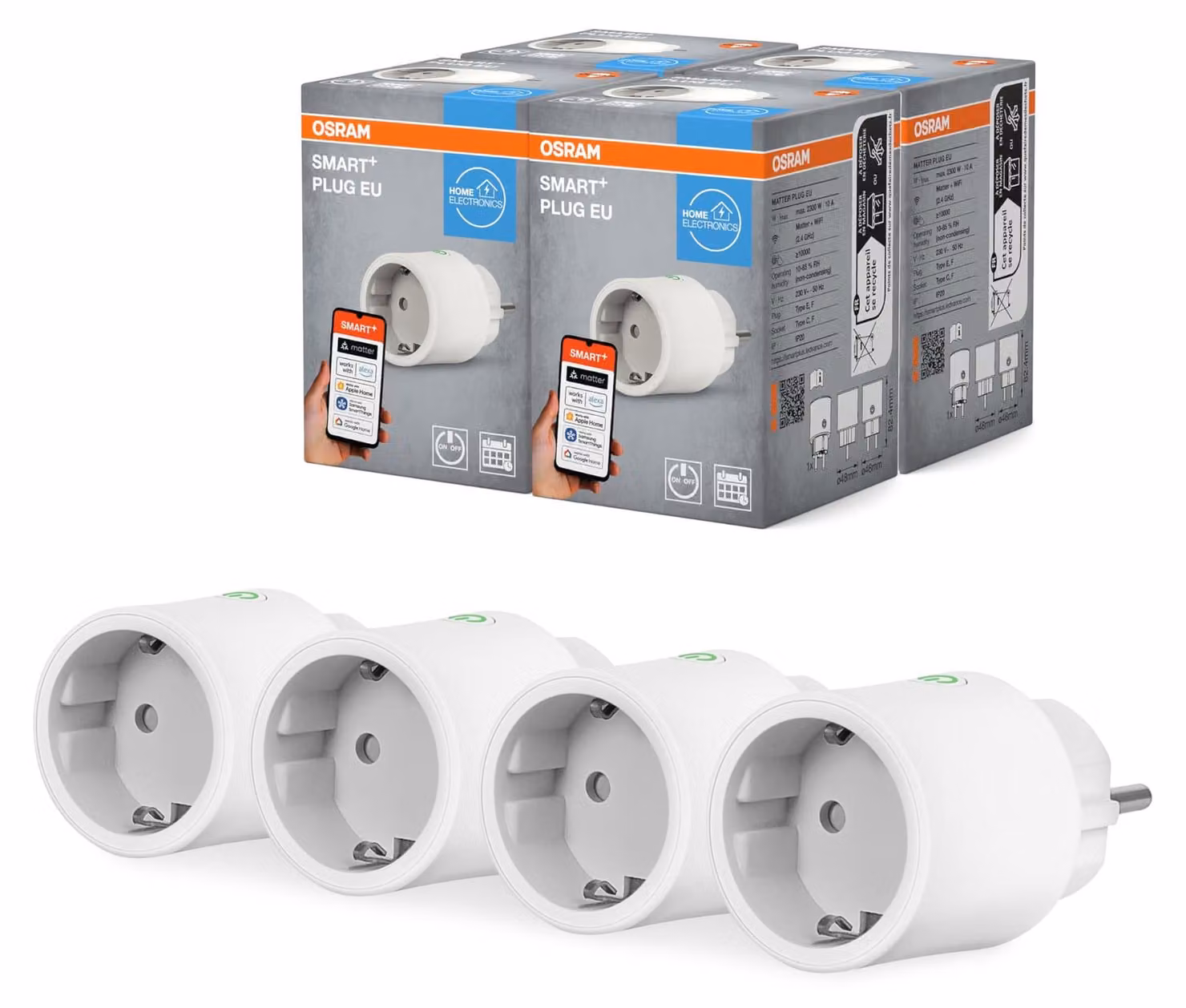 Prese intelligenti OSRAM compatibili con Alexa e Matter, con connessione Wi-Fi, progettate per Alexa, che integrano dispositivi tradizionali fino a 2.300W nella casa intelligente. Confezione da 4 (non utilizzabili con l'app SMART+). Per uso interno