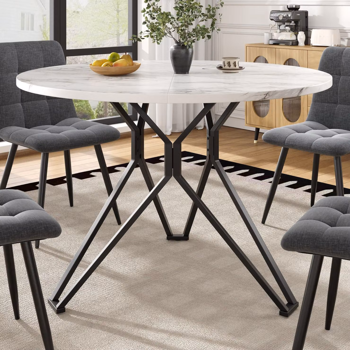 Tavolo da pranzo rotondo moderno FC per 4 persone con piano in MDF laminato lucido e struttura in metallo, L/P/H: 100 x 100 x 76 cm, Bianco e Nero – 2