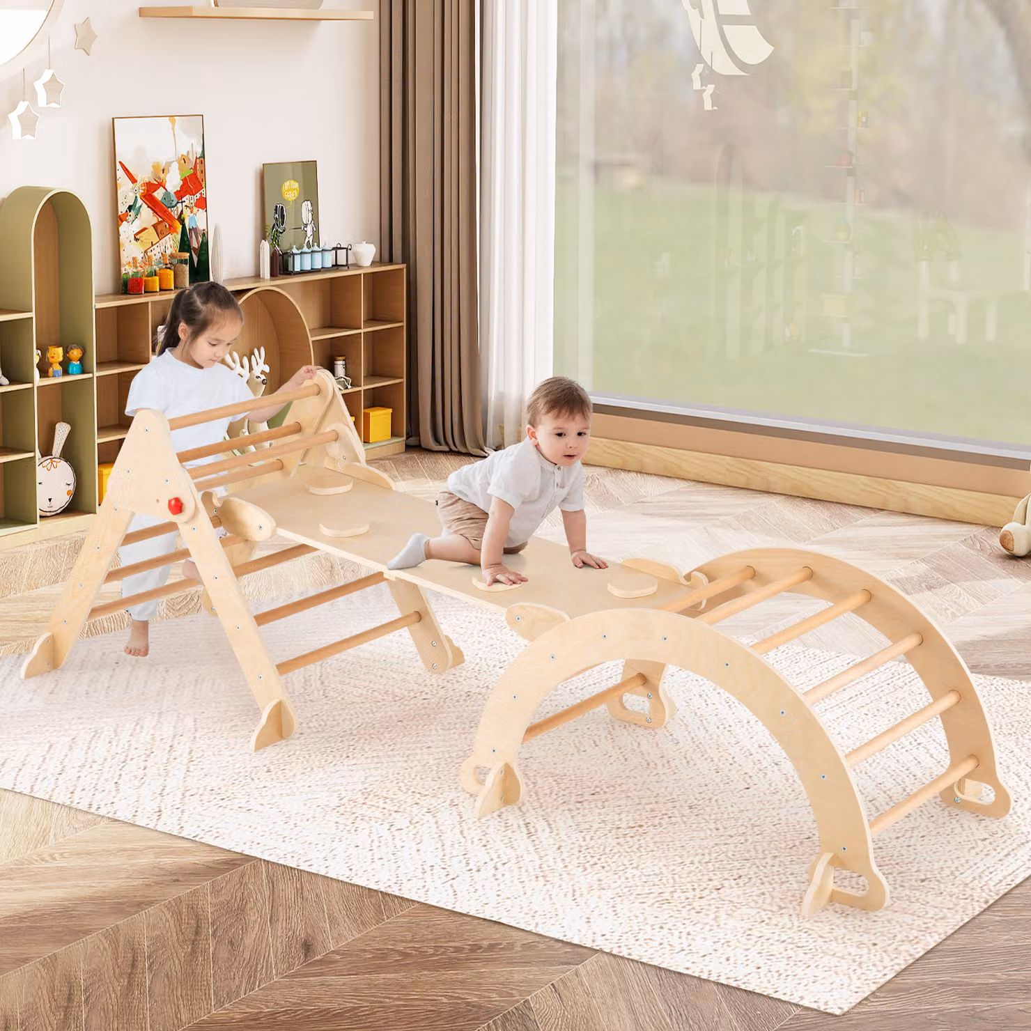 Set triangolo 7 in 1 Costway per bambini, palestra da interno in legno naturale per età dai 3 anni in su