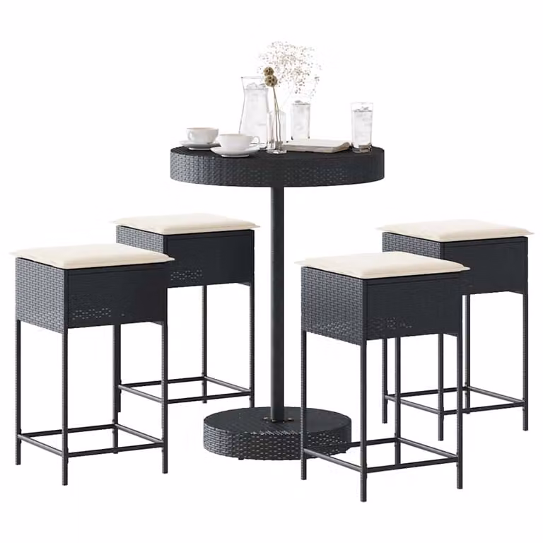 Set Bar da Giardino vidaXL in Polyrattan Nero con 5 Pezzi e Cuscini