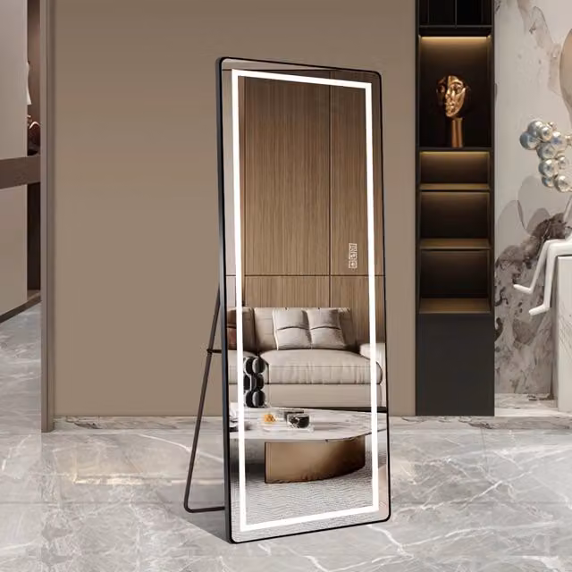 Specchio da terra figura intera LED 163x54 cm con staffa; cornice sottile in lega di alluminio nera