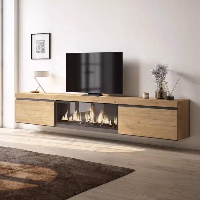 Mobile TV Soggiorno, 267x35x45cm, TV di grande formato, Camino elettrico XXL, da appendere, colore Rovere RF3608